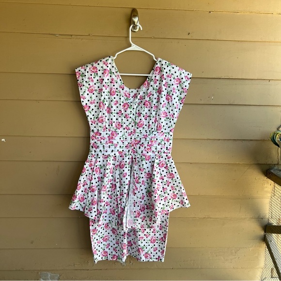 Vintage 80s Floral Peplum Dress - Size 13/14 - Polka Dot Preppy - Picture 5 of 5